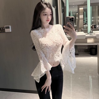 เสื้อเชิ้ตแขนทรัมเป็ต ซีทรู แต่งลูกไม้ ฉลุลาย สามมิติ แฟชั่นฤดูร้อน สําหรับผู้หญิง