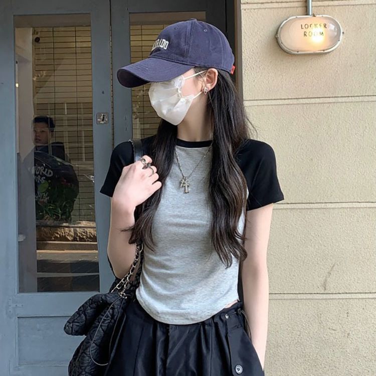 【WJZ】 เสื้อยืดแขนสั้น ทรงสลิมฟิต แต่งชายไม่เท่ากัน แฟชั่นสําหรับสตรี【9988】