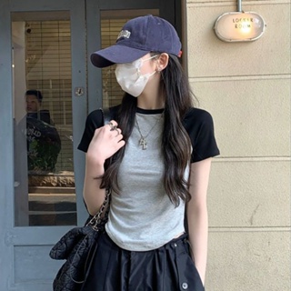 WANG JIAO ZHAN  เสื้อยืดแขนสั้น ทรงสลิมฟิต แต่งชายไม่เท่ากัน แฟชั่นสําหรับสตรี