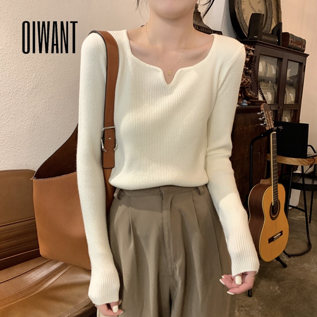 Oiwant เสื้อท็อปแขนยาวลําลอง คอสี่เหลี่ยม ผ้าถัก สีพื้น สไตล์ฝรั่งเศส สําหรับผู้หญิง 2023