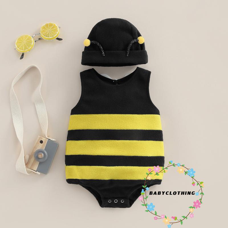 เสื้อผ้าเด็ก-เด็กทารกเด็กผู้หญิง Bee Romper ลายแขนกุด Wing Decor Jumpsuits ฤดูร้อนชุดบอดี้สูทลําลองพร้อมหมวก
