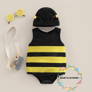 Babyclothes- ชุดจั๊มสูทรอมเปอร์ แขนกุด ลายทาง ผึ้ง พร้อมหมวก แฟชั่นฤดูร้อน สําหรับเด็กผู้ชาย และเด็กผู้หญิง