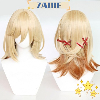 Zaijie24 Genshin Kaveh วิกผมคอสเพลย์ ผ้าลินิน สีทอง 50 ซม. ทนความร้อน