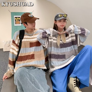 KYUSHUAD เทรนด์สีตัดกันลายทางสไตล์เกาหลีหลวมสบาย ๆ เสื้อถักนิตติ้งสไตล์ฮ่องกงสเวตเตอร์คู่ชาย