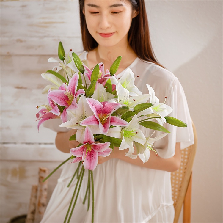 ช่อดอกลิลลี่ปลอม 3 ดอก ดอกไม้ปลอม ช่อดอกไม้ สําหรับตกแต่งบ้าน - รูปที่ 2