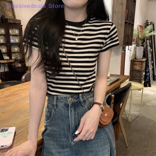 Massivedeals เสื้อครอปท็อป คอกลม แขนสั้น ลายทาง สไตล์วินเทจ ฤดูร้อน สําหรับผู้หญิง