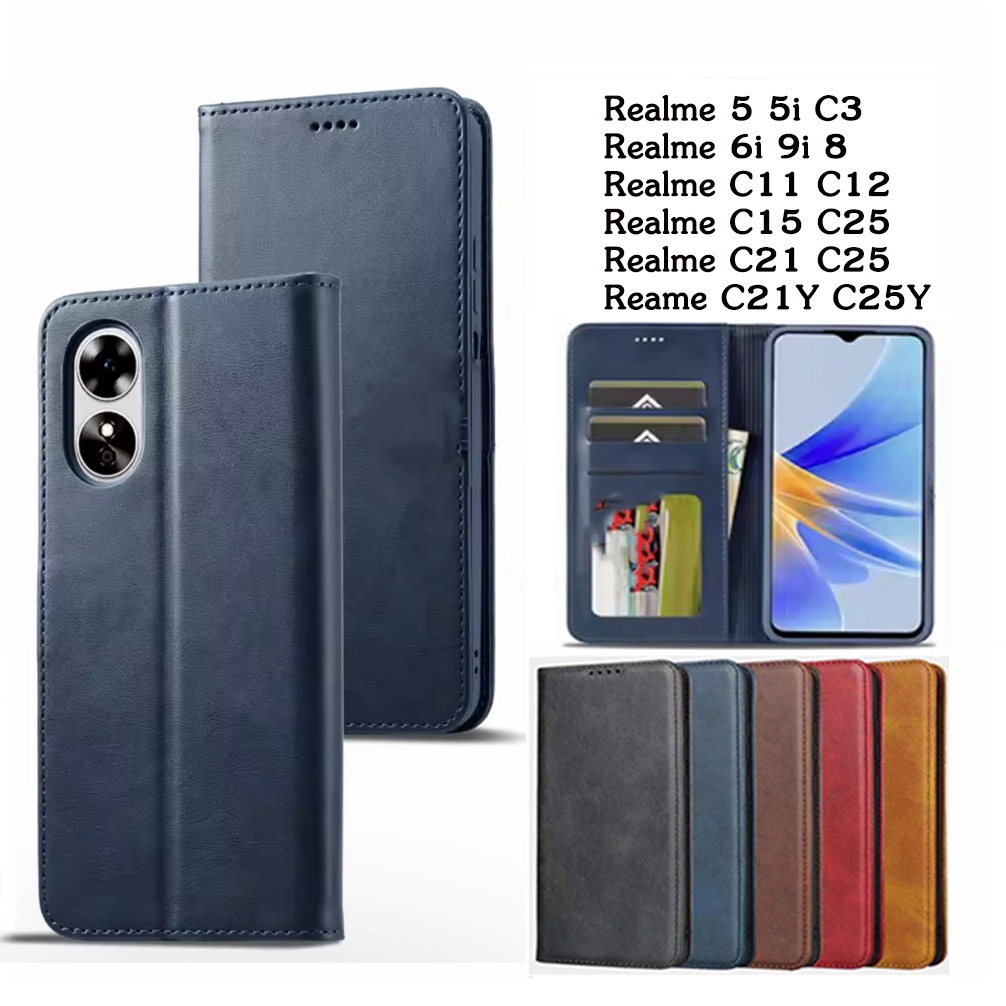 015.เคสฝาพับหนัง เคสมีแม่เหล สำหรับ REALME - 5 5i 6i 9i C3 8 C11 C12 C15 C21 C21Y C25 C25Y เคสเปิดปิด
