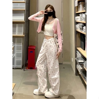 กางเกงขายาว🍒Hot sale！ทรงหลวม บางสายยางยืดเรียบง่าย