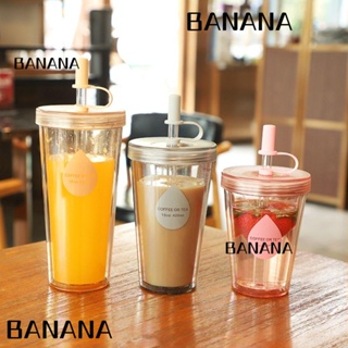 Banana1 แก้วกาแฟ นม สองชั้น พร้อมหลอดดูด แบบพกพา พร้อมฝาปิด 420 520 มล. สําหรับผู้หญิง