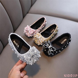 Kidsup1- รองเท้าเจ้าหญิง หนัง PU ประดับโบว์ ไข่มุก กันลื่น สําหรับเด็กผู้หญิง ปาร์ตี้วันเกิด