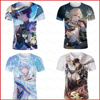 เสื้อยืดแขนสั้นลําลอง ทรงหลวม พิมพ์ลายอนิเมะ Genshin Impact Wanderer Zhongli 3 มิติ พลัสไซซ์ สําหรับผู้ชาย และผู้หญิง