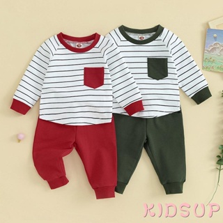 Kidsup1- ชุดเสื้อแขนยาว คอกลม ลายทาง พร้อมกางเกงเอวยางยืด สําหรับเด็กทารกผู้ชาย