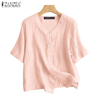 Zanzea เสื้อเชิ้ต คอวี แขนครึ่ง ผ่าข้าง สีพื้น สไตล์เกาหลี สําหรับผู้หญิง