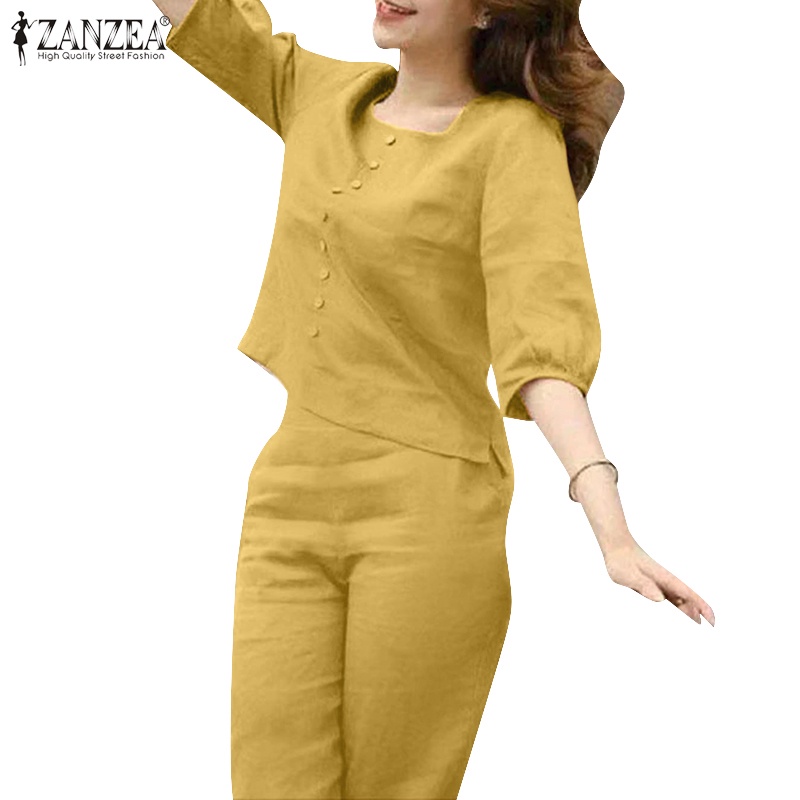 Zanzea ชุดเสื้อคอกลม แขนห้าส่วน กางเกงเอวยางยืด ลําลอง สีพื้น สไตล์เกาหลี สําหรับผู้หญิง ราคา ถูกที่สุด ดีลบีเคเค แกลเลอรีภาพที่ 3