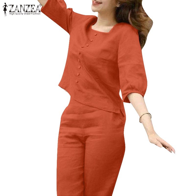 Zanzea ชุดเสื้อคอกลม แขนห้าส่วน กางเกงเอวยางยืด ลําลอง สีพื้น สไตล์เกาหลี สําหรับผู้หญิง ราคา ถูกที่สุด ดีลบีเคเค