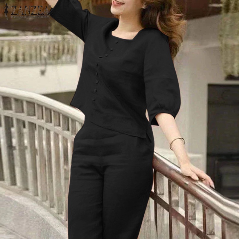 Zanzea ชุดเสื้อคอกลม แขนห้าส่วน กางเกงเอวยางยืด ลําลอง สีพื้น สไตล์เกาหลี สําหรับผู้หญิง ราคา ถูกที่สุด ดีลบีเคเค แกลเลอรีภาพที่ 4