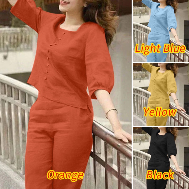 Zanzea ชุดเสื้อคอกลม แขนห้าส่วน กางเกงเอวยางยืด ลําลอง สีพื้น สไตล์เกาหลี สําหรับผู้หญิง ราคา ถูกที่สุด ดีลบีเคเค แกลเลอรีภาพที่ 6