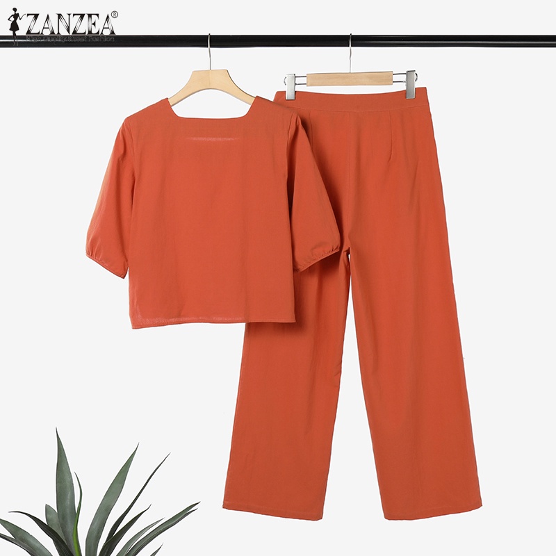 Zanzea ชุดเสื้อคอกลม แขนห้าส่วน กางเกงเอวยางยืด ลําลอง สีพื้น สไตล์เกาหลี สําหรับผู้หญิง ราคา ถูกที่สุด ดีลบีเคเค แกลเลอรีภาพที่ 8