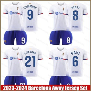 Qy เสื้อกีฬาแขนสั้น ลายทีมฟุตบอล Barcelona Away Jersey Gavi Lewandowski Pedri DeJong 23-24 ชุด 2 ชิ้น ต่อชุด