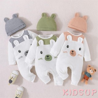 Kidsup1- ชุดรอมเปอร์ จั๊มสูท คอกลม แขนยาว ลายหมี หมวก ลําลอง สําหรับเด็กทารกแรกเกิด ฤดูหนาว