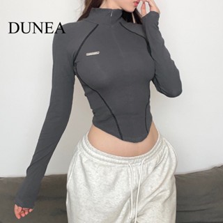 Dunea เสื้อยืดลําลอง แขนยาว คอสูง มีซิป ชายเสื้อตัว U สําหรับผู้หญิง