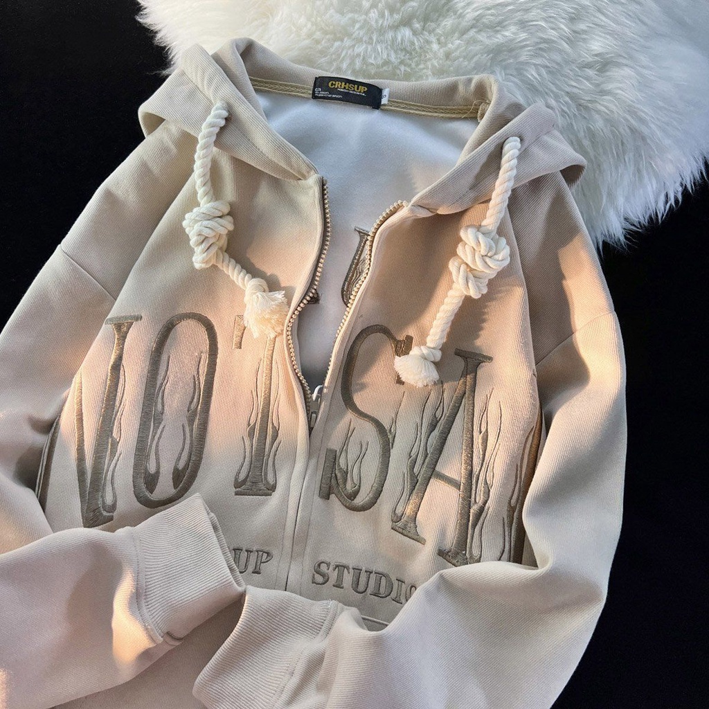 เสื้อแจ็กเก็ตคาร์ดิแกน มีฮู้ด ทรงหลวม พิมพ์ลายตัวอักษร สไตล์เกาหลี อเมริกัน เหมาะกับฤดูใบไม้ร่วง และฤดูหนาว สําหรับผู้หญิง และนักเรียน