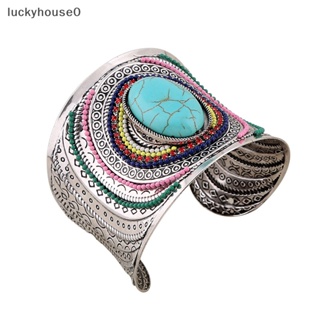 Luckyhouse0^^ กําไลข้อมือ กําไลข้อมือ สีเงิน สีเขียวขุ่น สไตล์โบฮีเมียน วินเทจ สําหรับผู้หญิง