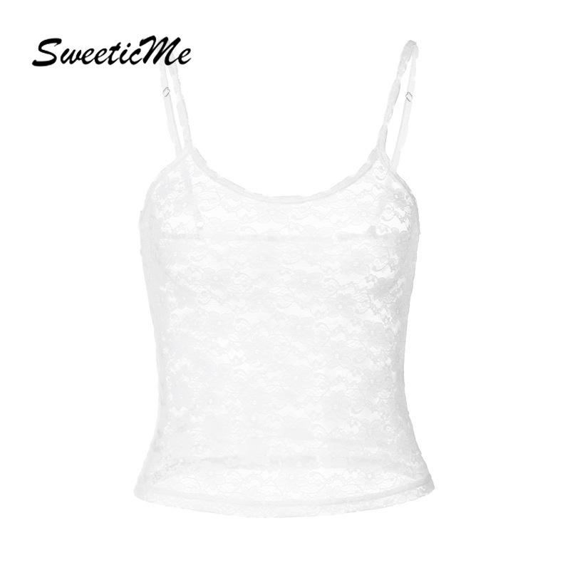 Sweeticme เสื้อกล้ามซีทรู ลําลอง เข้ารูป แต่งลูกไม้ สีพื้น เซ็กซี่ แฟชั่นใหม่ สําหรับสตรี 2023