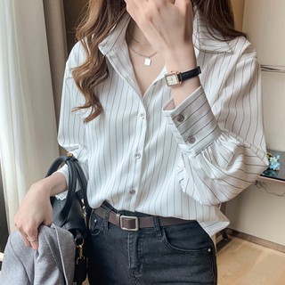 เสื้อชีฟอง ผู้หญิง แขนยาว แถบแนวตั้ง เหมาะสําหรับฤดูใบไม้ผลิและฤดูใบไม้ร่วง HZFWC8052