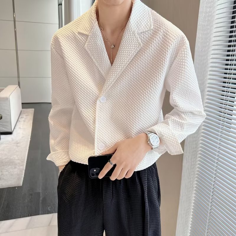 TIDE BEAR เสื้อผู้ชาย อเมริกันเรโทรถนน ความรู้สึกระดับไฮเอนด์,สไตล์ผู้ใหญ่เบา,ปลอกคอสูทหลวม - รูปที่ 2