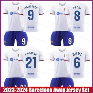 Yx เสื้อกีฬาแขนสั้น ลายทีมชาติฟุตบอล Barcelona Away Jersey Gavi Lewandowski Pedri DeJong 23-24 ชุด 2 ชิ้น ต่อชุด