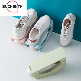 Suchenth ชั้นวางรองเท้า แบบสองชั้น PP ปรับได้ ประหยัดพื้นที่ แบบพกพา สีฟ้า สีชมพู สีเขียว