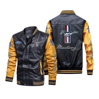 MUSTANG LOGO Jacket Racing Long Sleeve Plus Velvet Warm Stitching Color PU Leather Baseball Uniform Windproof Jacket