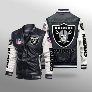 NFL Raiders football team custom jacket long sleeve plus fleece warm stitching color PU leather baseball uniform windproof jacket