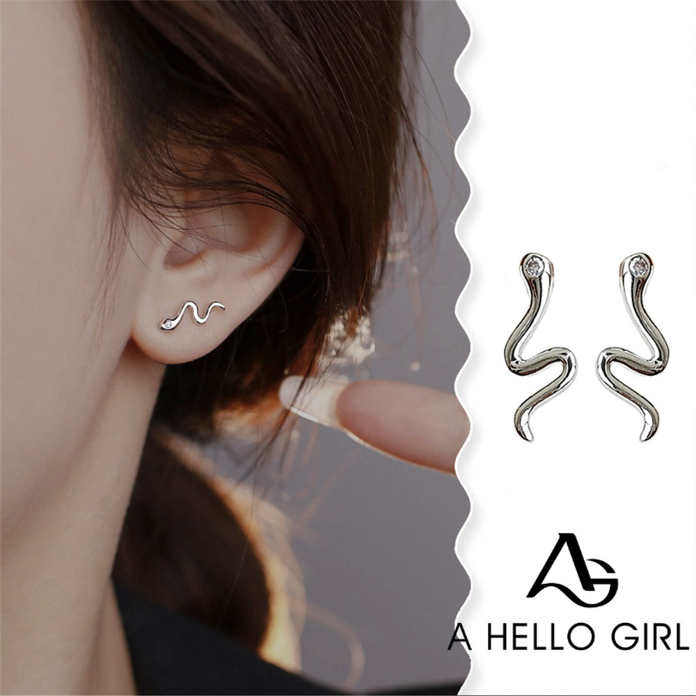 A HELLO GIRL ต่างหูสตั๊ด รูปงู ขนาดเล็ก สีเงิน สวยหรู สร้างสรรค์ สําหรับผู้หญิง