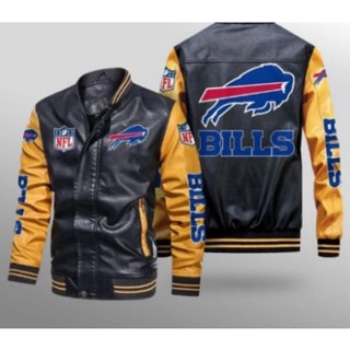 NFL Bills football team custom jacket long-sleeved plus velvet warm stitching color PU leather baseball uniform windproof jacket