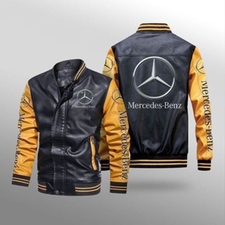 BENZ LOGO jacket A180 A200 A220 B180 B200 B260 CLA200 CLA260 G350 G500 S400 S450 S500 E260 E300 GL450 GLE350E GLS450 GLE450 racing long sleeve plus fleece warm stitching color PU leather baseball uniform windproof jacket