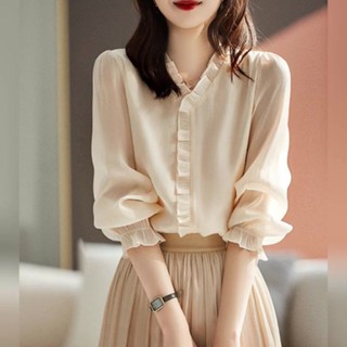 เสื้อเชิ้ตแขนยาว คอวี แต่งหูไม้ สีพื้น หรูหรา แฟชั่นสําหรับสตรี