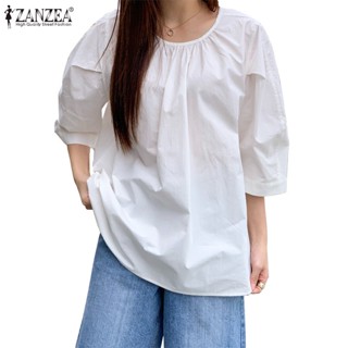 Zanzea เสื้อเบลาส์ คอกลม แขนสามส่วน สีพื้น สไตล์เกาหลี สําหรับผู้หญิง