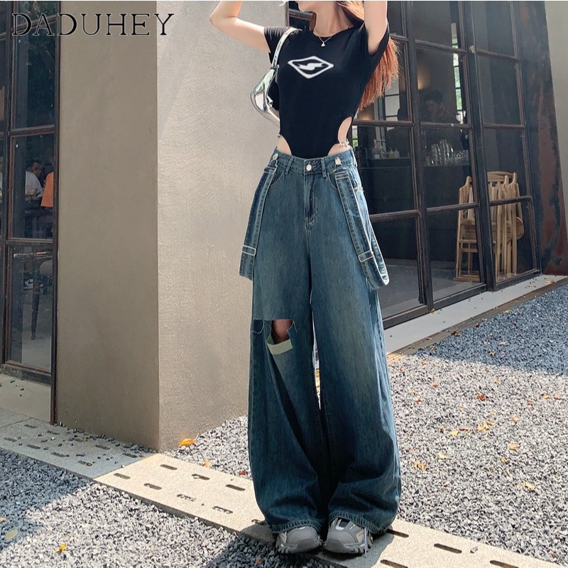 DaDuHey American Style Retro Design Ripped Denim Suspender Pants Women's Loose Wide Leg Ripped All-match Casual Wide Leg Mop Pants