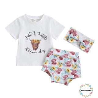 Babyclom- ชุดเสื้อยืด คอกลม แขนสั้น พิมพ์ลายดอกไม้ กางเกงขาสั้น ที่คาดผม 3 ชิ้น สําหรับเด็ก