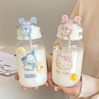 ღ 600ml Sanrio Water Bottle Transparent Leak-proof Straw Cup Cute Anime Kuromi Cinnamoroll Plastic Cups Birthday Gift