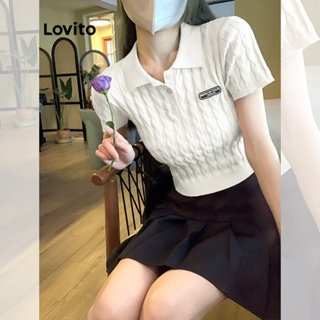 Lovito เสื้อถักลำลอง สีพื้น แขนสั้น เบสิก สำหรับสตรี LNA14235 (แอพริคอท)