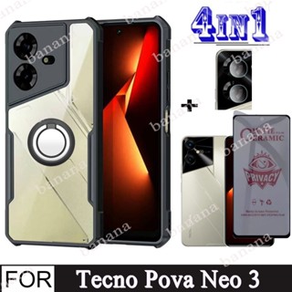 Tecno Pova Neo 3 เคสโทรศัพท์ กันกระแทก สําหรับ Tecno Pova 5 4 Pro 3 Neo 2 Spark Go 2023 10 7 Pro 10C 8C 7T 4 in 1 เซรามิค นิ่ม เคลือบด้าน ความเป็นส่วนตัว กระจกนิรภัย และแหวนขาตั้ง