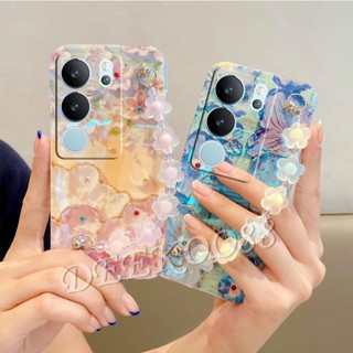 ใหม่ เคสโทรศัพท์มือถือนิ่ม ปิดด้านหลัง ลายดอกไม้ ระยิบระยับ พร้อมสายคล้องมือ ประดับลูกปัด สําหรับ VIVO V29 Y27 Y36 Y78 Y02T Y02A 5G 4G V29 VIVOY27 2023