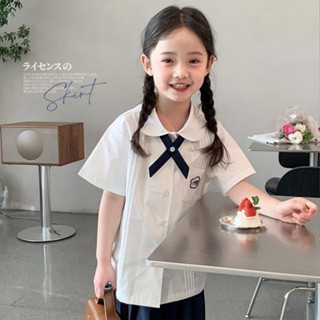 🎈KOJIO🎈【Set】 JK เด็กผู้หญิง เสื้อเชิ้ตสีขาวแขนสั้นและแขนยาว + กระโปรงจีบสีน้ำเงินกรมท่า ชุดนักเรียน
