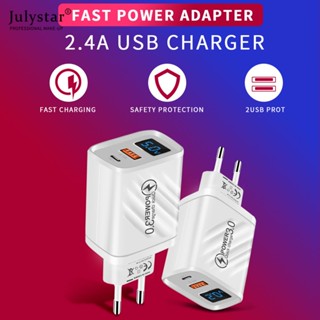 JULYSTAR USB+TYPE-C Digital Display Charger 5V2.4A European Standard American Standard British Standard หัวชาร์จโทรศัพท์มือถือ PD+USB หัวชาร์จ