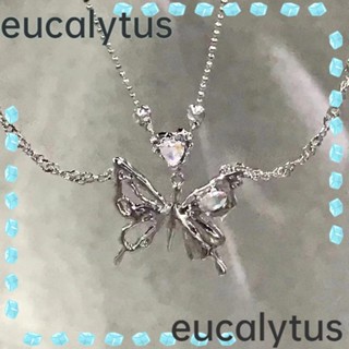 Eucalytus1 สร้อยคอโซ่ จี้คริสตัล รูปผีเสื้อ สองชั้น สีเงิน แวววาว สําหรับผู้หญิง 2 ชิ้น