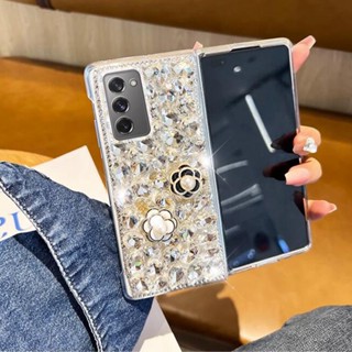 เคสโทรศัพท์มือถือ PC ใส ลายดอกคามิเลีย ประดับมุก พลอยเทียม หรูหรา สําหรับ Samsung Galaxy Z Fold 5 4 3 2