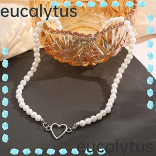 Eucalytus1 สร้อยคอโชคเกอร์ จี้ไข่มุก รูปหัวใจ สไตล์ฝรั่งเศส วินเทจ สีเงิน แฟชั่นสําหรับผู้หญิง